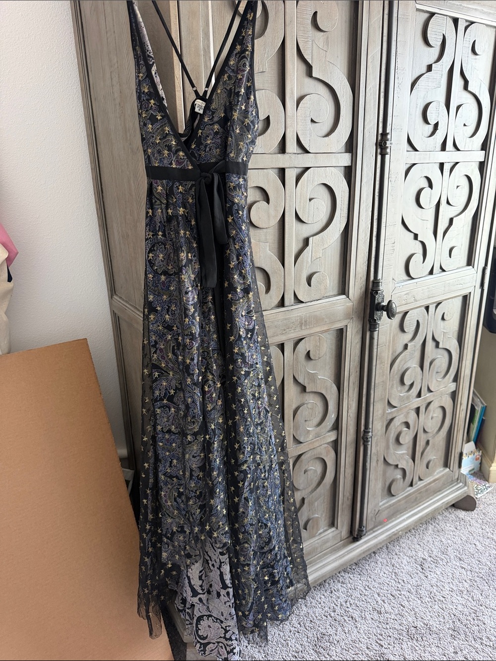 Ecote Black Maxi Dress with Gold Star and Paisley Metallic Accents
